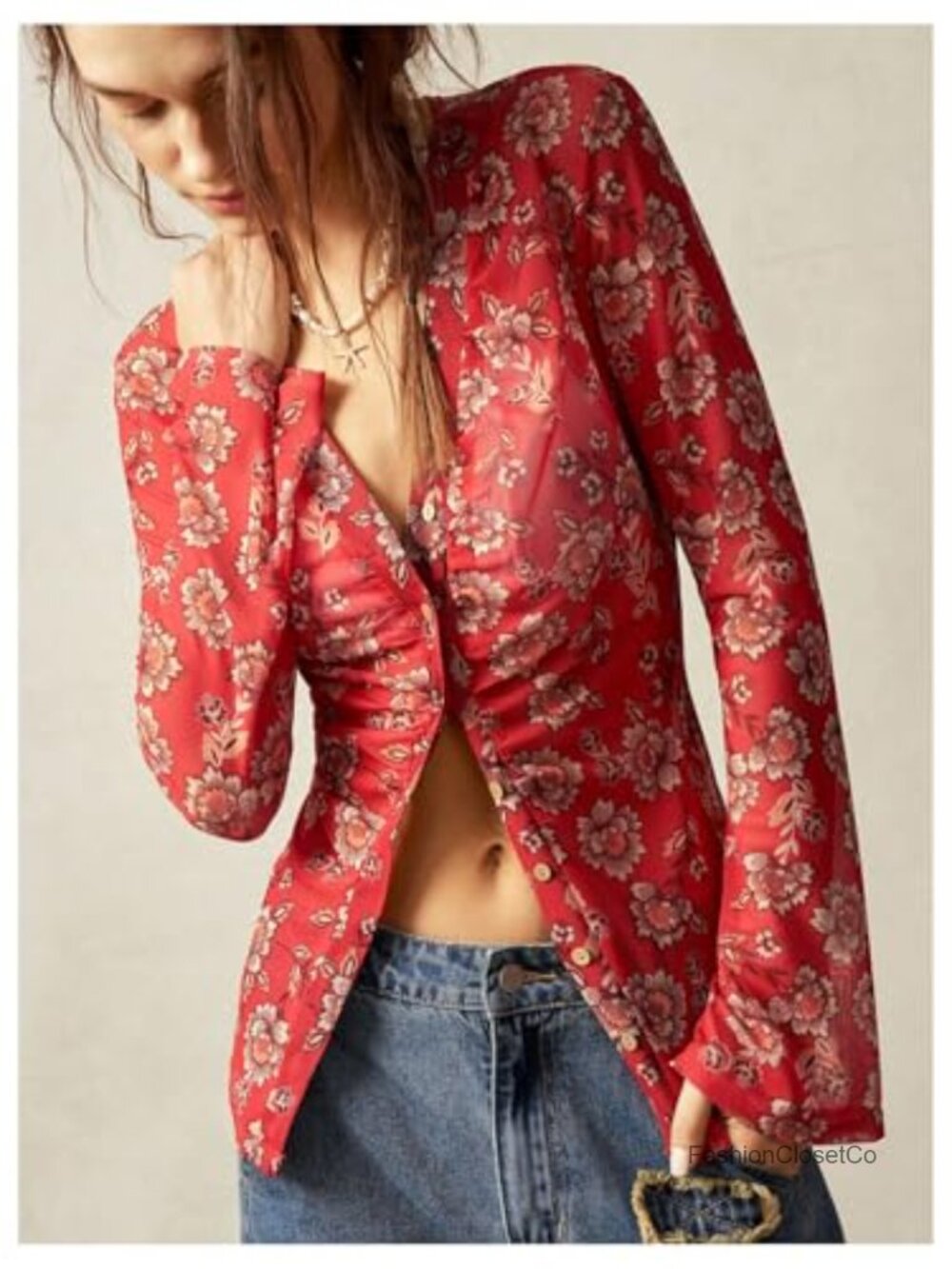 Long Sleeve V Neck Floral Print Button Down Blouse Fitted Tops - Picture 4 of 7